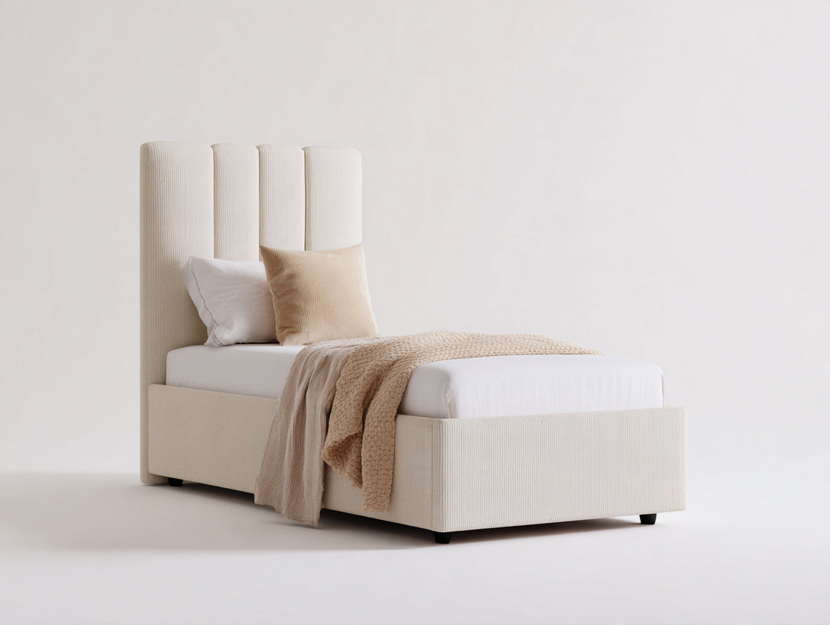 Letto singolo - Tessuto - 205x105x135 cm - Crema-Nero - Moderno imbottito