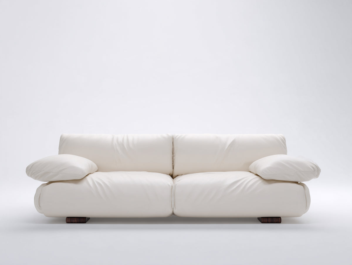 Divano lineare - Similpelle-Legno - 215x100x82 cm - Bianco avorio - Design contemporaneo