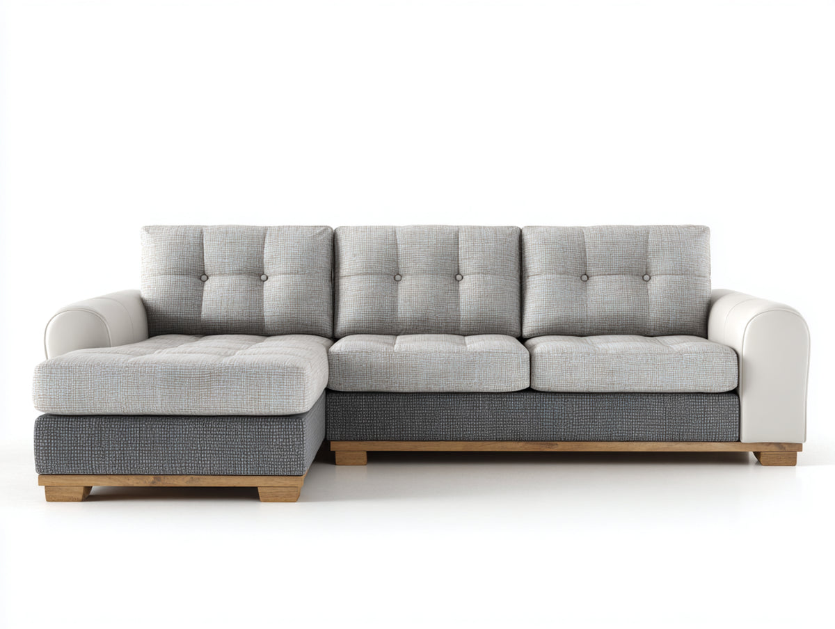 Divano angolare - Tessuto-Similpelle-Legno - 275x160x85 cm - Grigio chiaro-Grigio scuro-Bianco - Design moderno