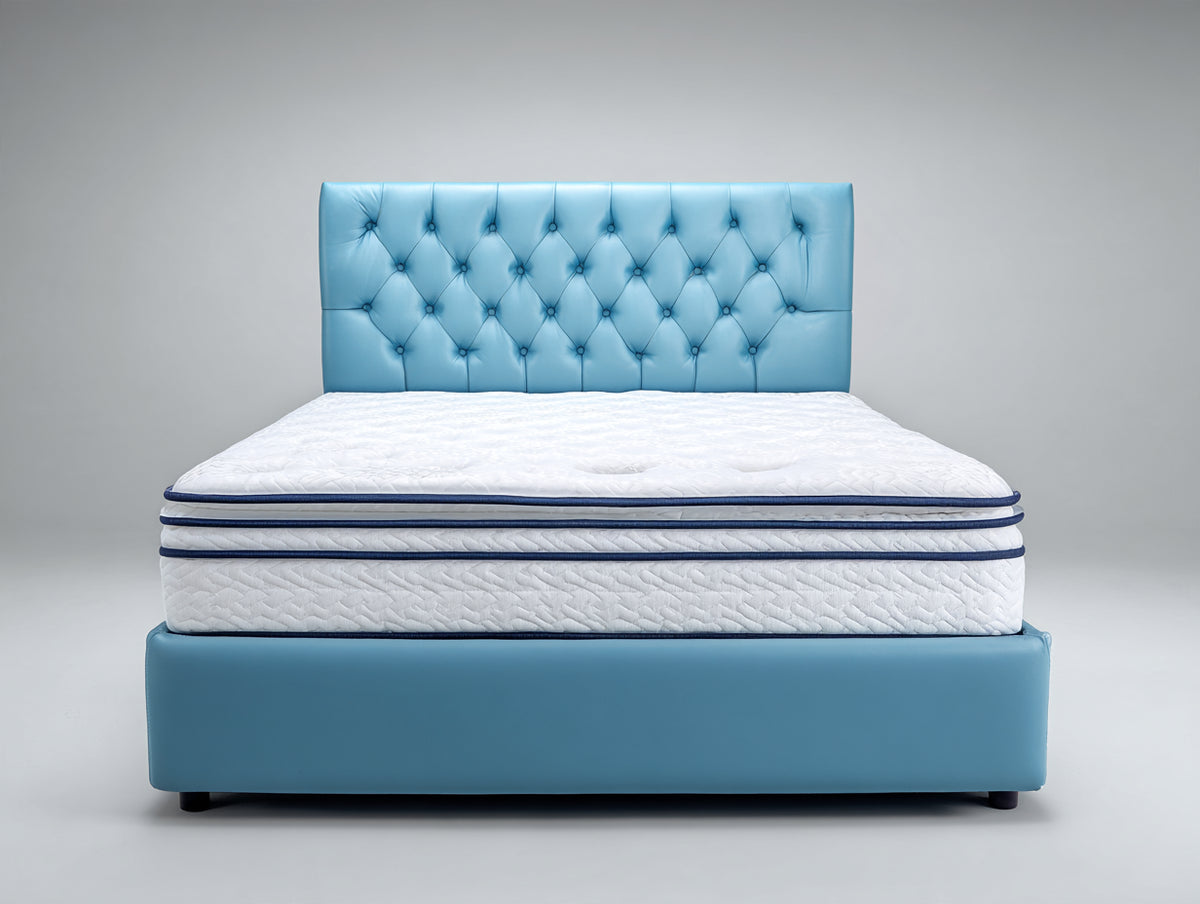 Letto matrimoniale - Similpelle-Tessuto - 210x170x135 cm - Azzurro-Bianco - Moderno capitonné